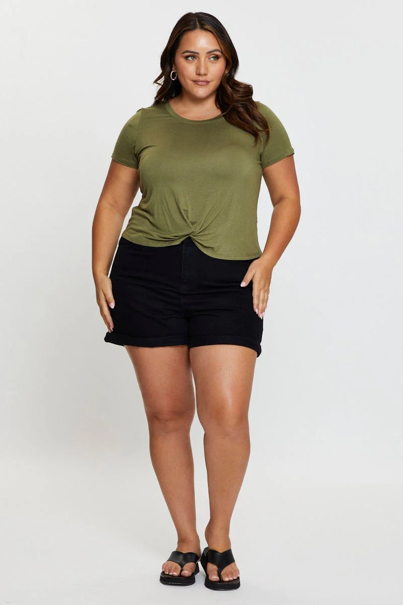 Green Cotton T-shirt Knot Front Crew Neck Short Sleeve - Image 2