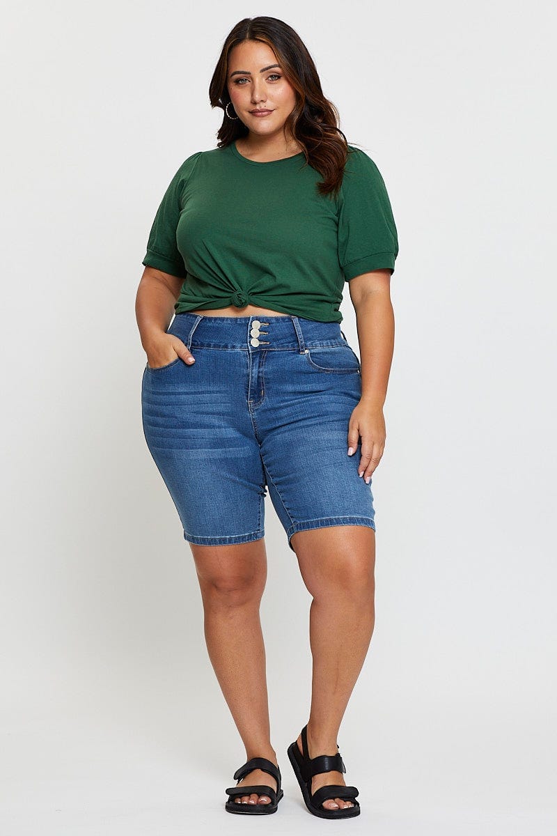 Green Cotton T-shirt Round Neck Puff Sleeve - Image 2