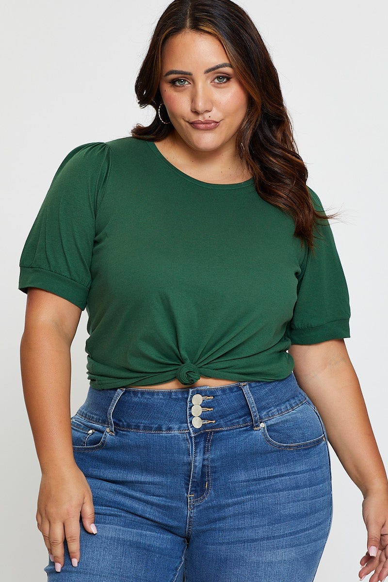Green Cotton T-shirt Round Neck Puff Sleeve - Image 3