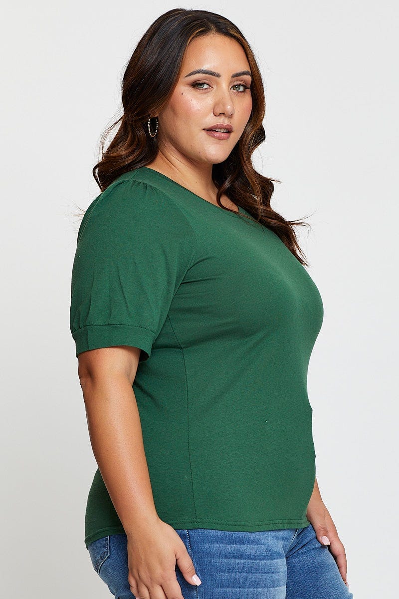 Green Cotton T-shirt Round Neck Puff Sleeve - Image 4
