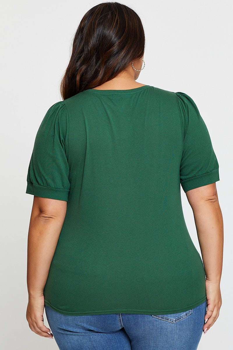 Green Cotton T-shirt Round Neck Puff Sleeve - Image 5