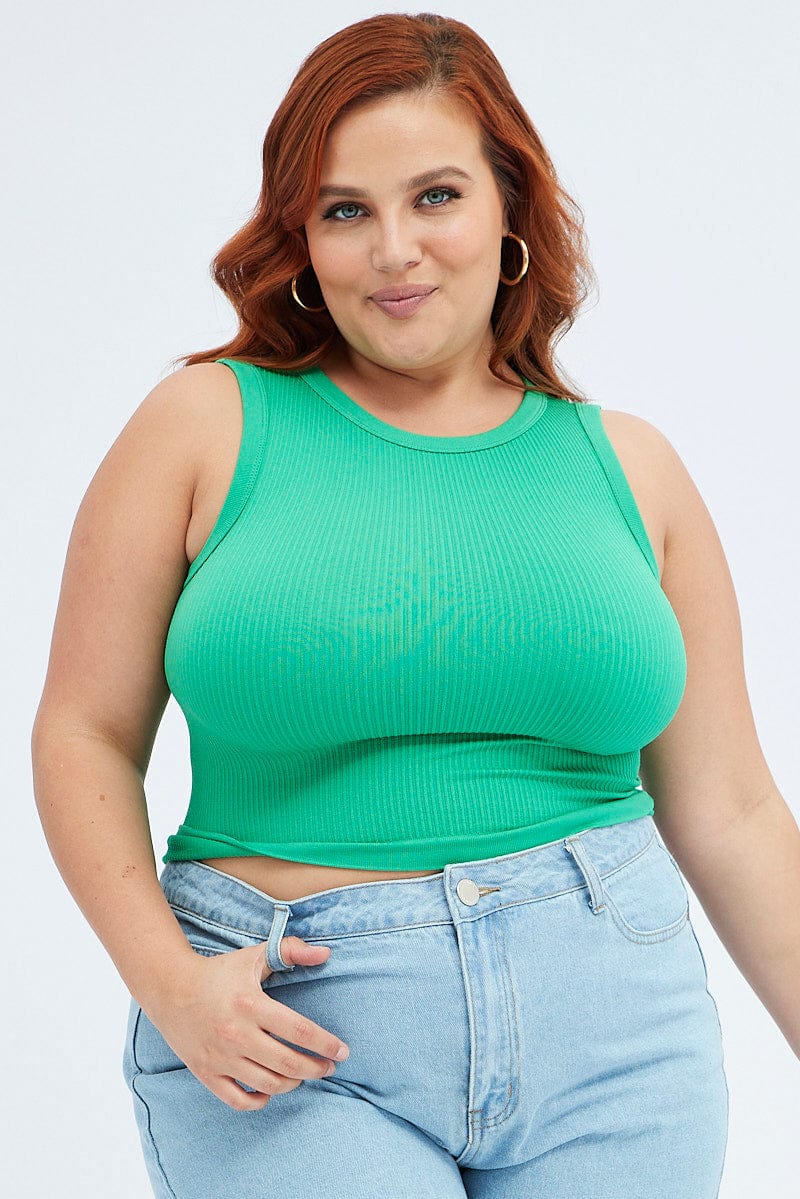 Green Crew Neck Sleeveless Seamless Tank Top - Image 3