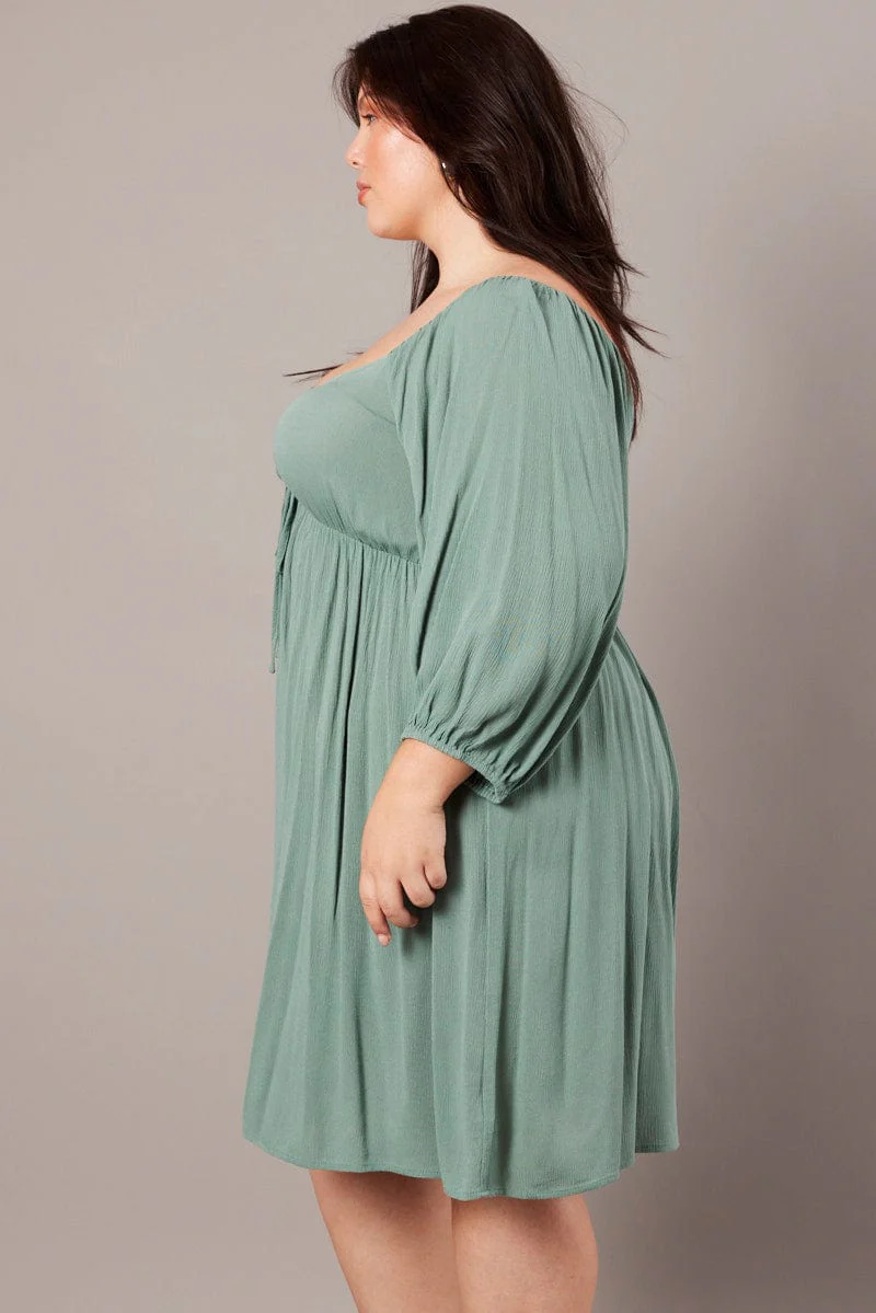 Green Crinkle Ruched Drawstring Mini Dress - Image 4