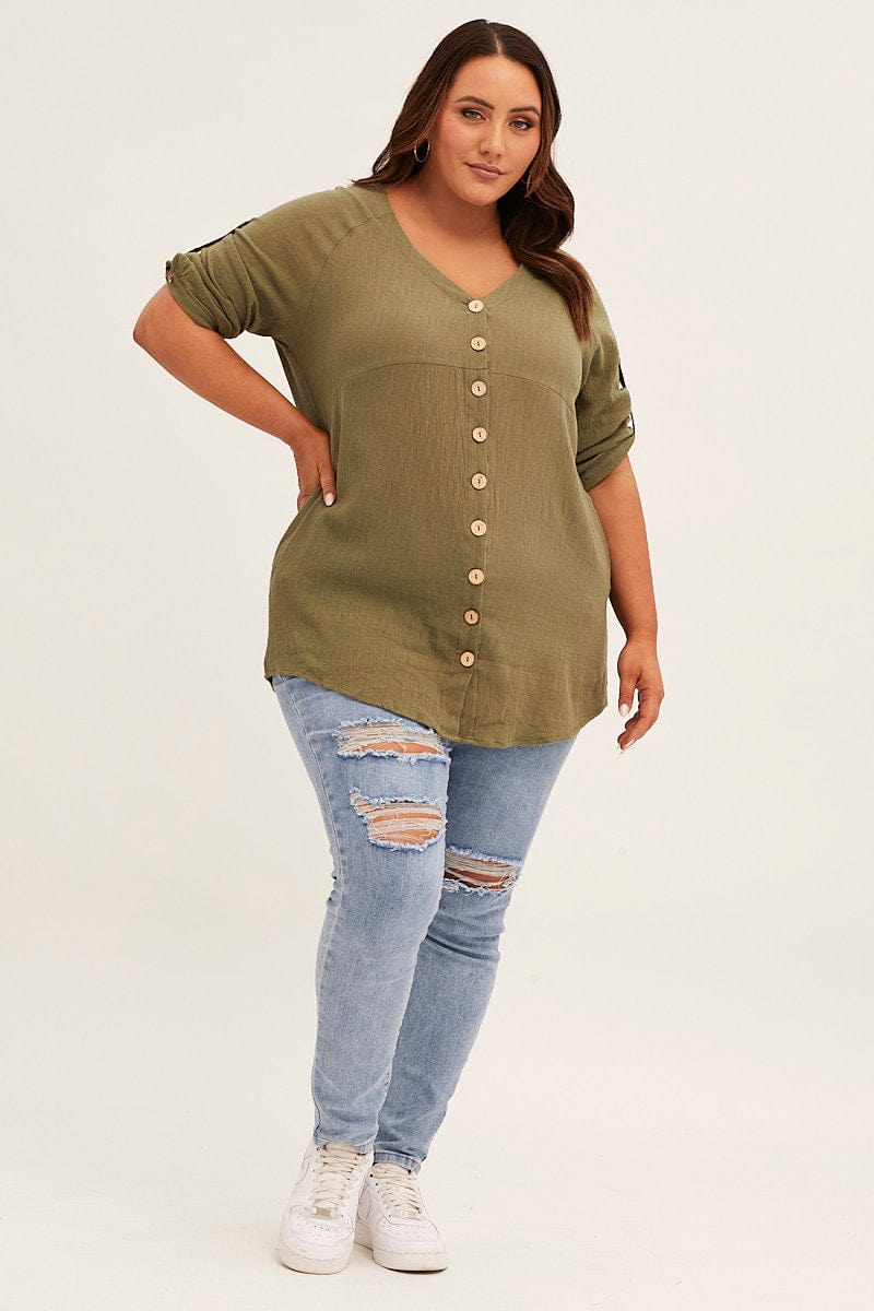 Green Crinkle Texture V-neck Pocket Shirt - Image 2