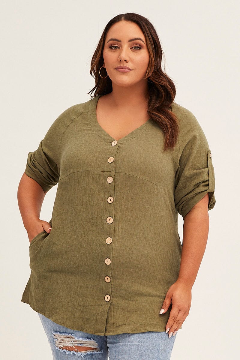Green Crinkle Texture V-neck Pocket Shirt - Image 3