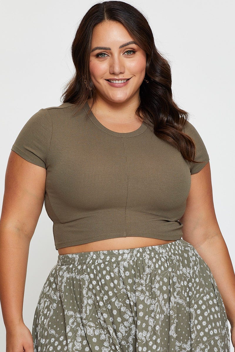 Green Crop T-shirt Crew Neck Rib Cotton Jersey Fitted
