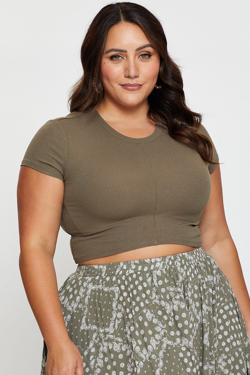 Green Crop T-shirt Crew Neck Rib Cotton Jersey Fitted - Image 3