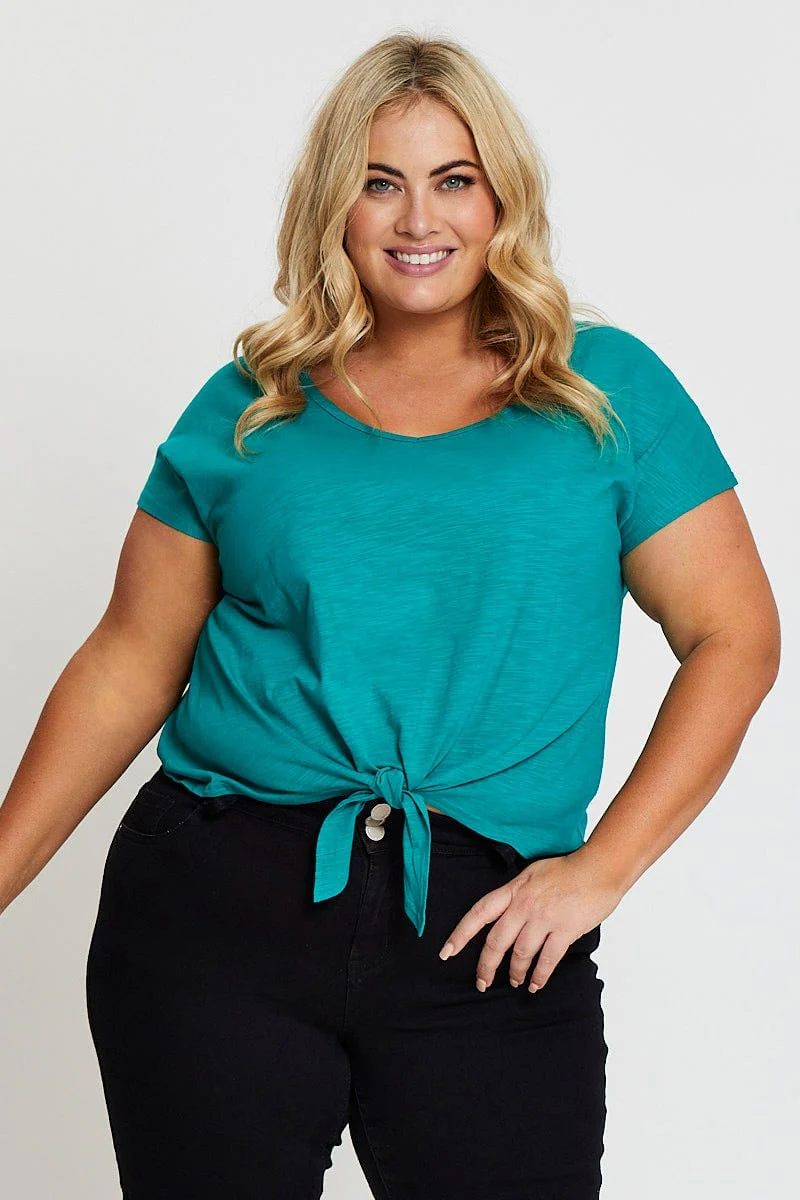 Green Crop T-shirt Crew Neck Short Sleeve Knot Semi - Image 3