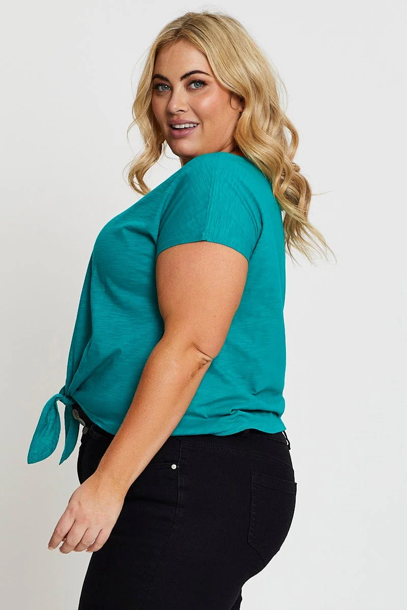Green Crop T-shirt Crew Neck Short Sleeve Knot Semi - Image 4