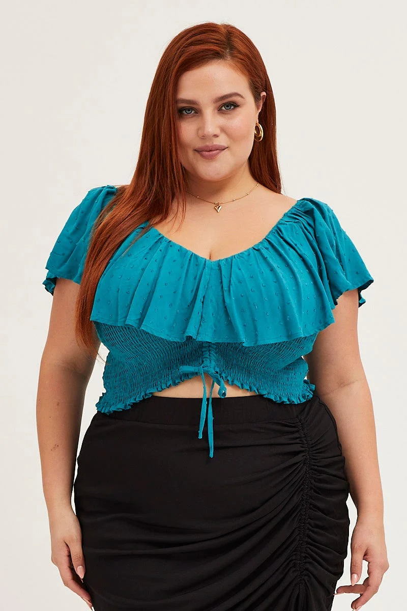 Green Crop Top Forest Short Sleeve Frill - Image 3