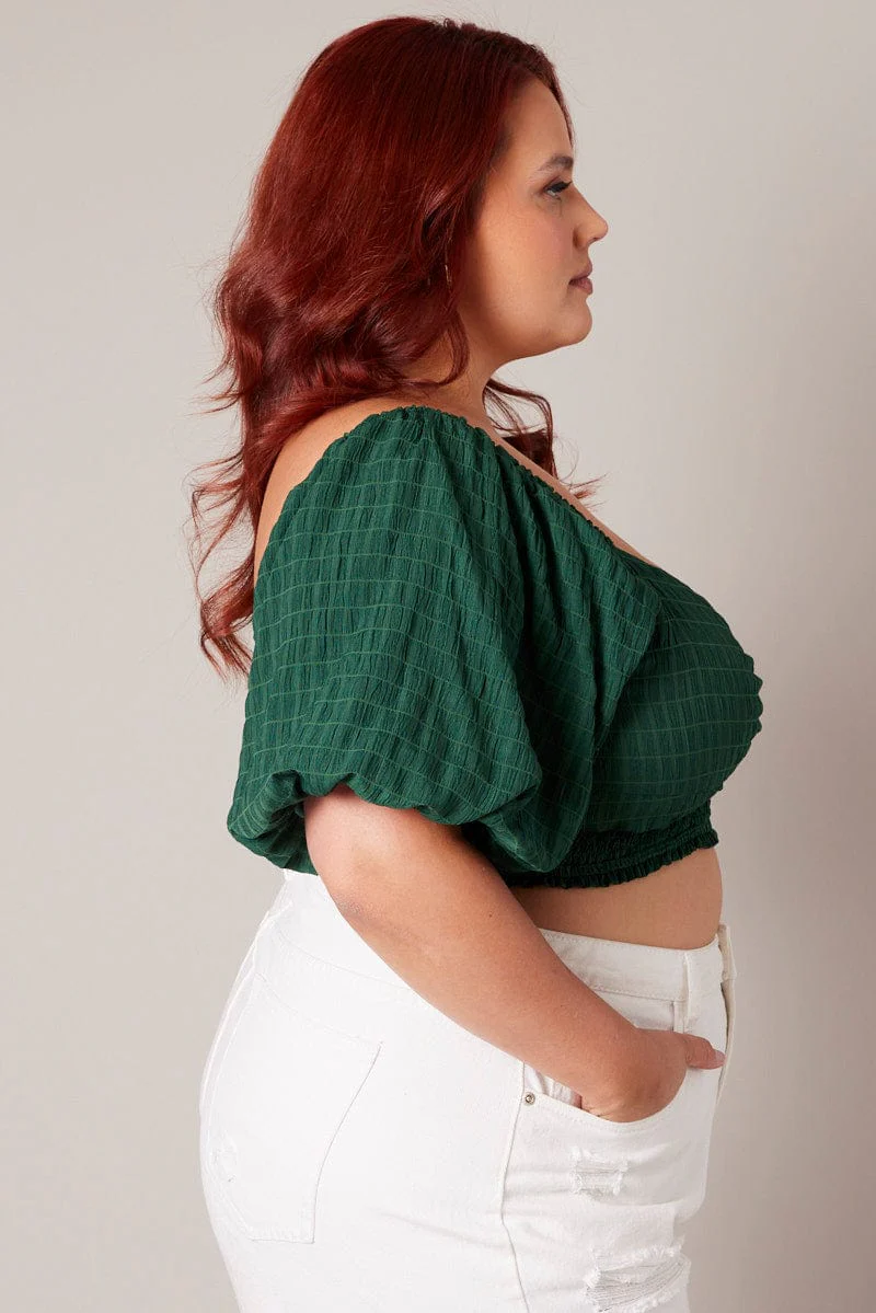 Green Crop Top Short Sleeve Cut Out Textured - Image 4