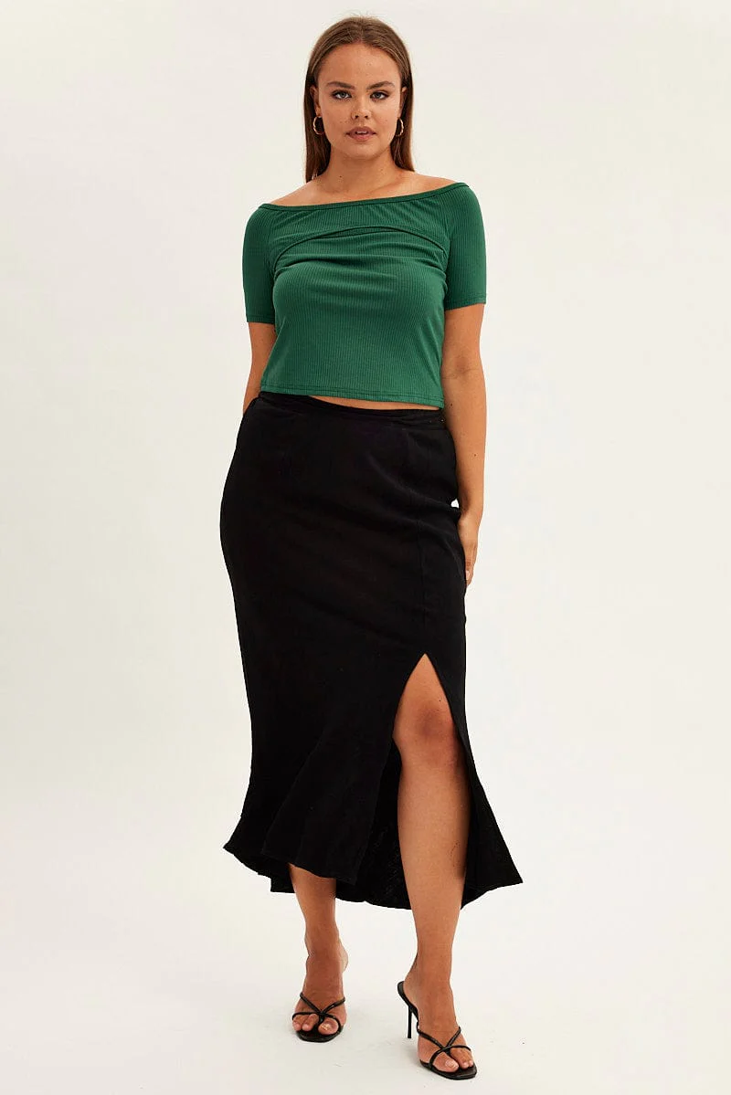 Green Crop Top Short Sleeve Cutout Off Shoulder Rib - Image 2