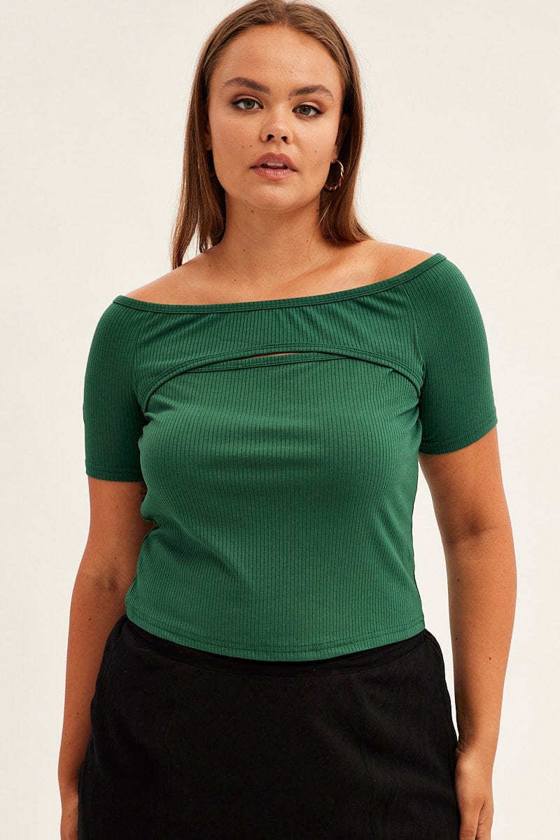 Green Crop Top Short Sleeve Cutout Off Shoulder Rib - Image 3