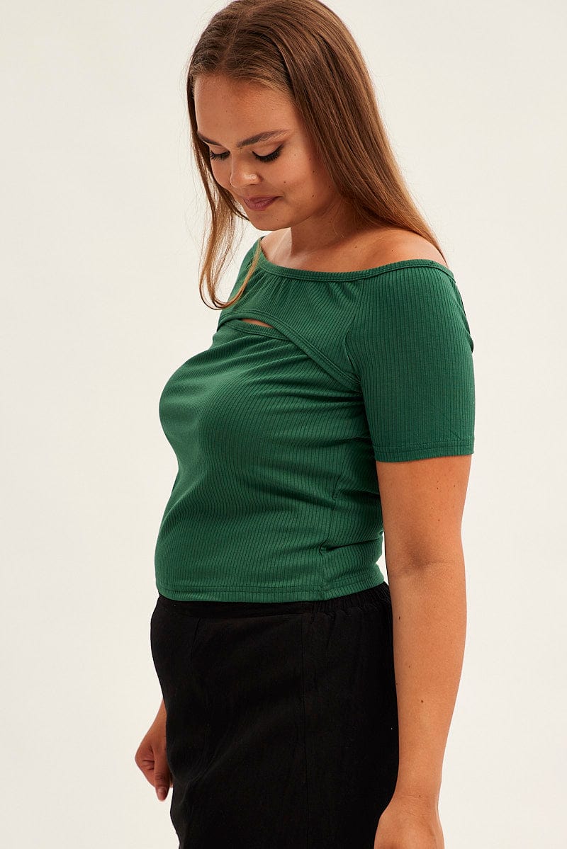 Green Crop Top Short Sleeve Cutout Off Shoulder Rib - Image 4
