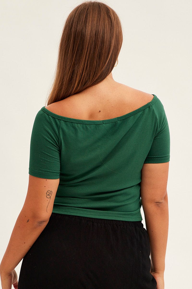 Green Crop Top Short Sleeve Cutout Off Shoulder Rib - Image 5