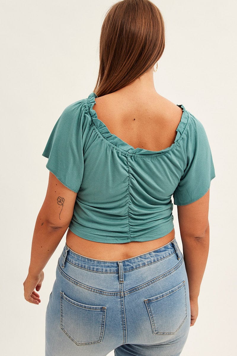 Green Crop Top Short Sleeve Frill Edge Drawstring - Image 5