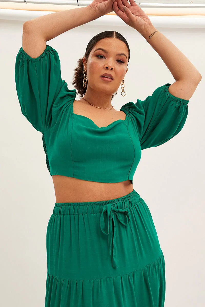 Green Crop Top Short Sleeve Square Neck - Image 2