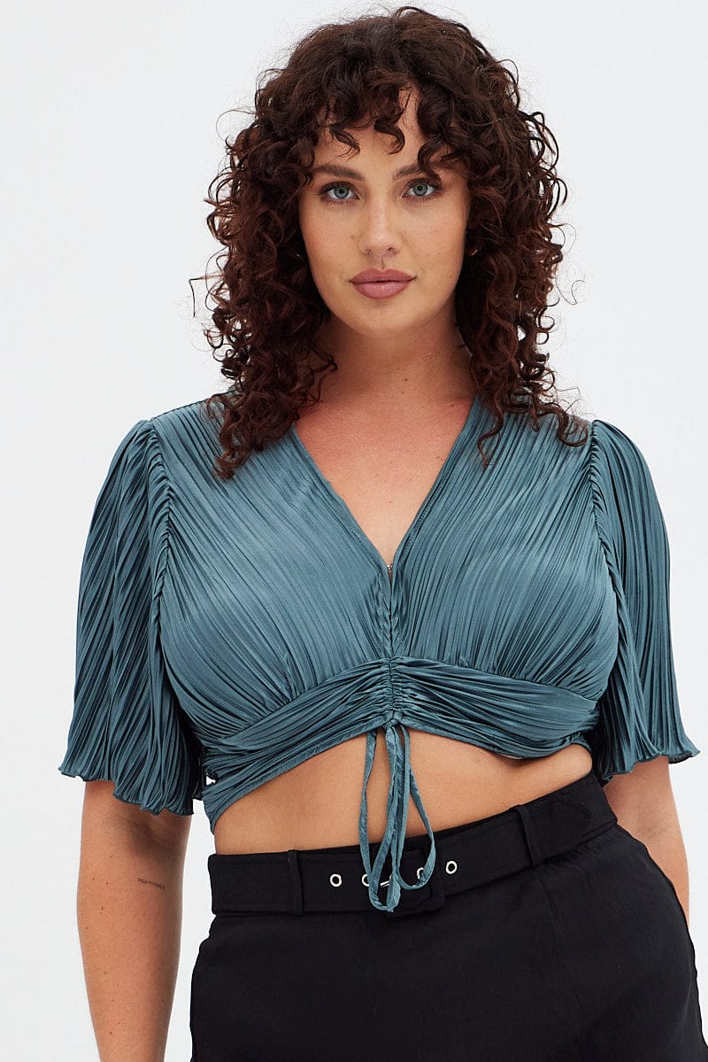 Green Crop Top Short Sleeve V-neck Ruched Front Plisse - Image 3