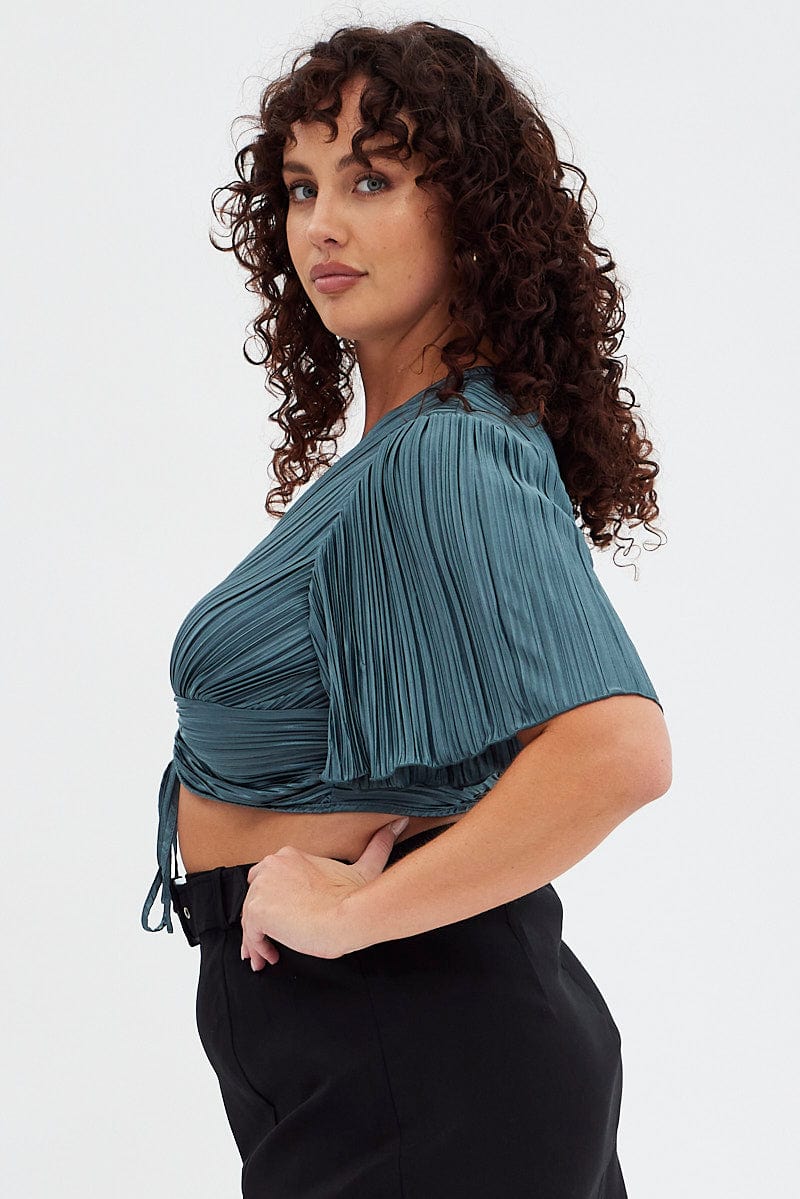 Green Crop Top Short Sleeve V-neck Ruched Front Plisse - Image 4