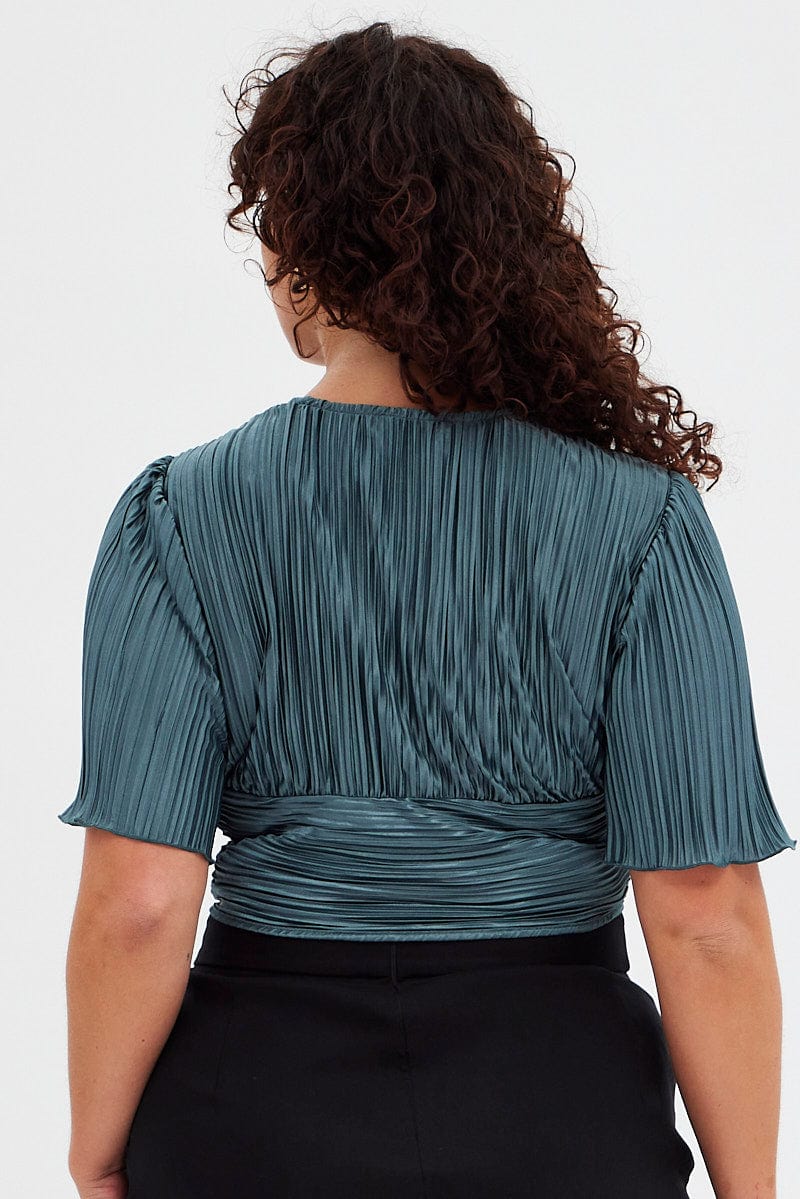 Green Crop Top Short Sleeve V-neck Ruched Front Plisse - Image 5