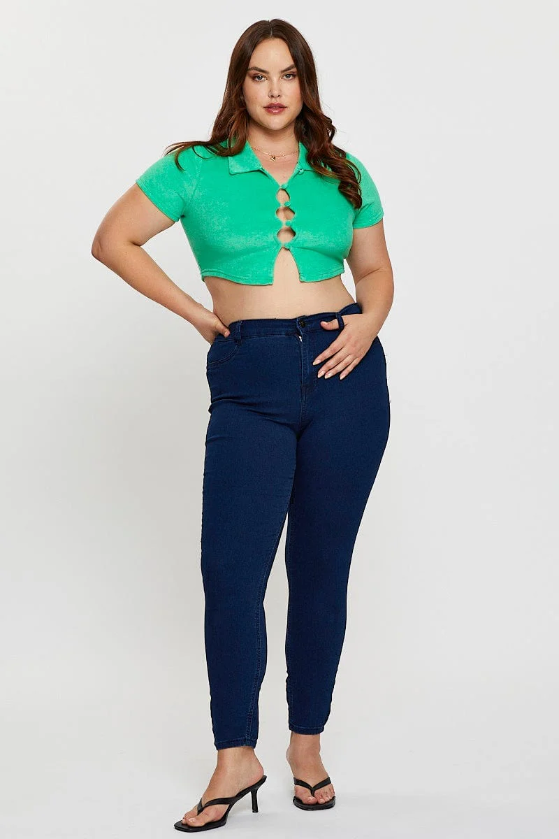 Green Crop Top Terry Short Sleeve Button Front - Image 2