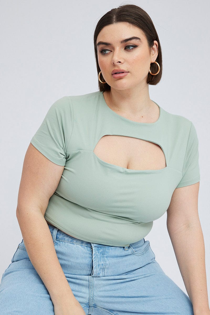 Green Cut Out Top Short Sleeve Supersoft - Image 3