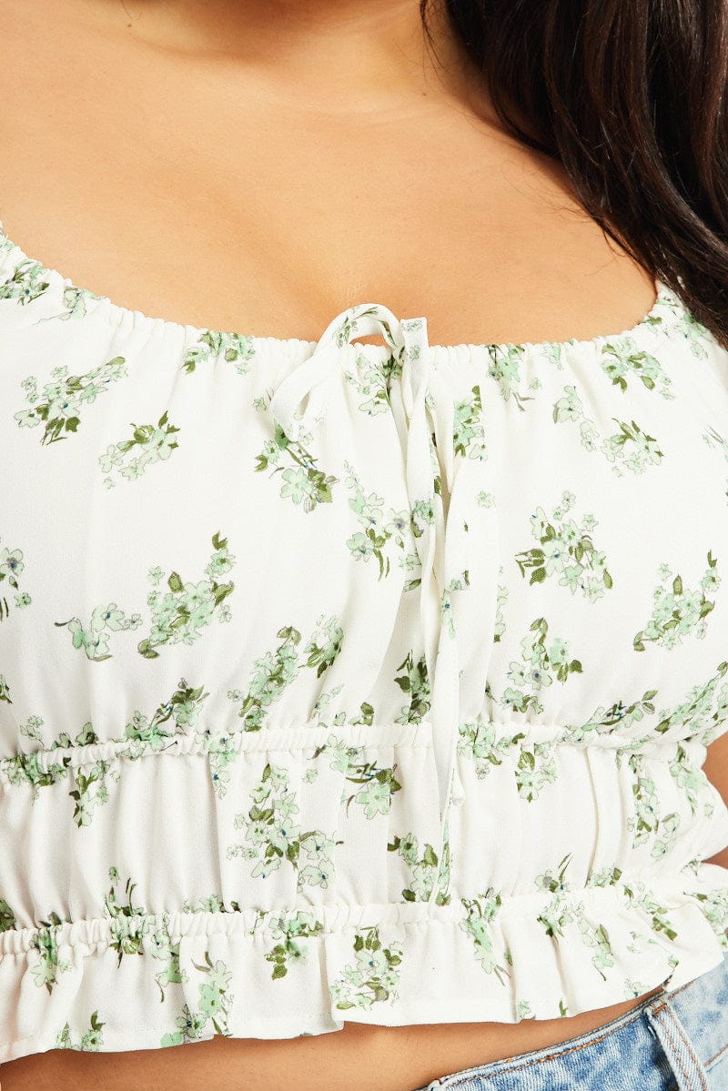 Green Ditsy Crop Top Short Sleeve Ruched Bust - Image 6