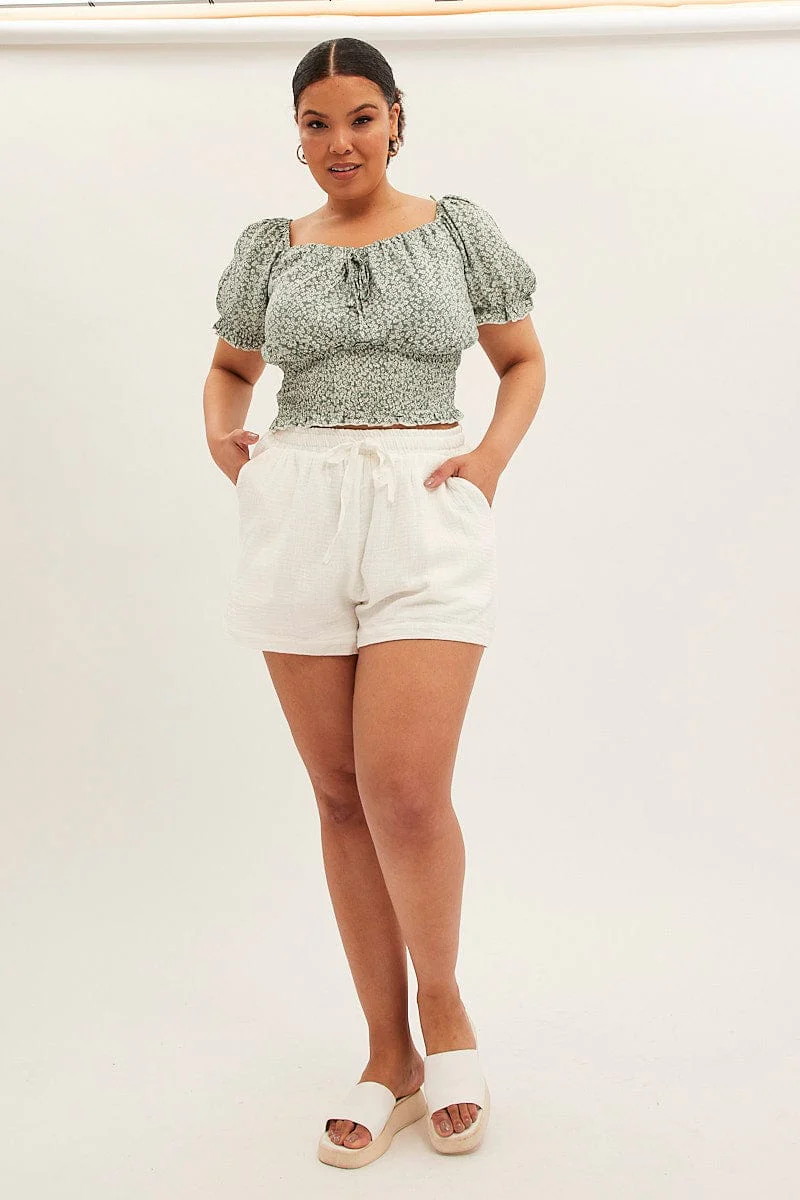Green Ditsy Crop Top Short Sleeve Sweetheart Neck - Image 2