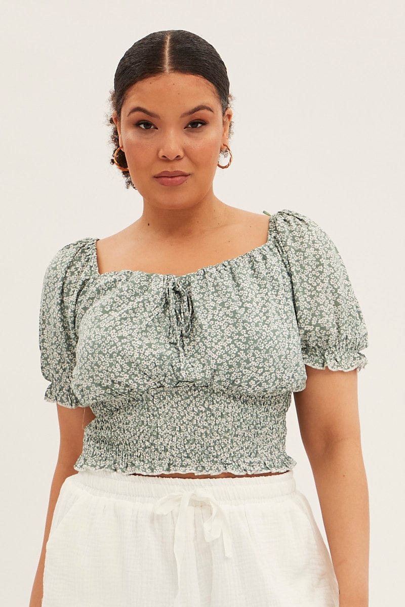 Green Ditsy Crop Top Short Sleeve Sweetheart Neck - Image 3