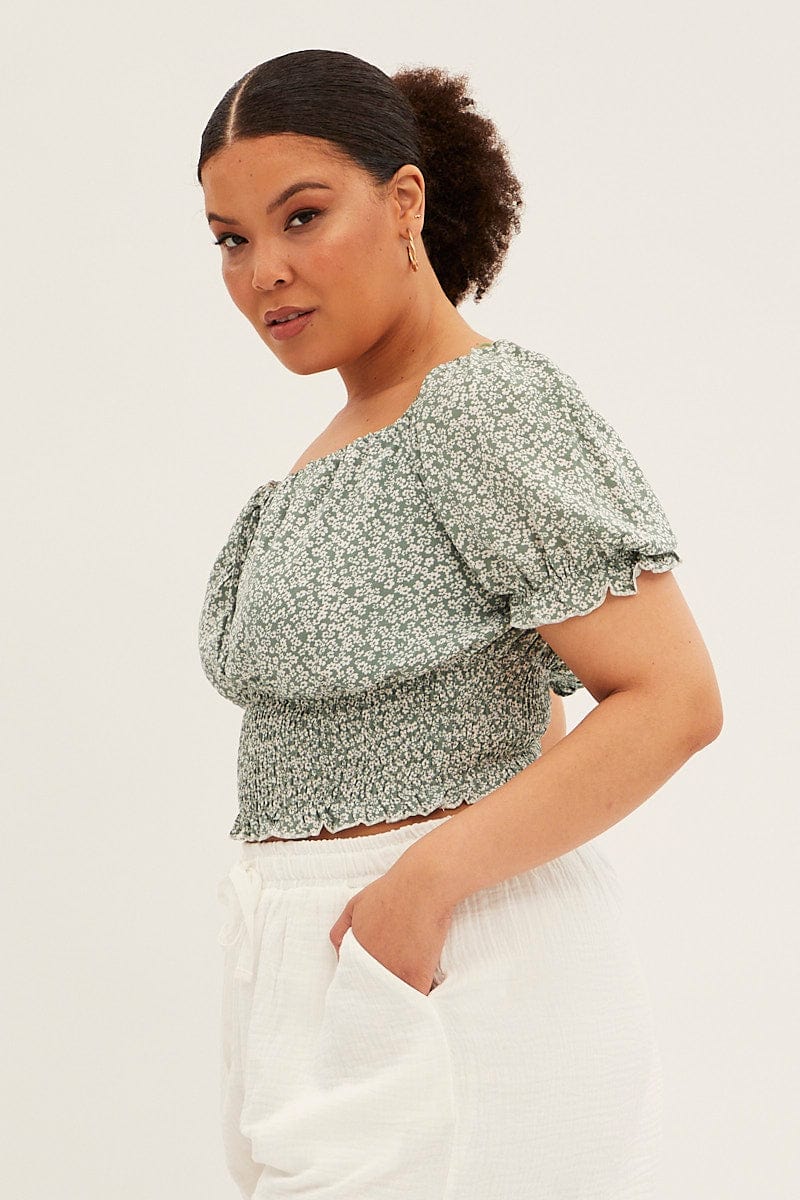 Green Ditsy Crop Top Short Sleeve Sweetheart Neck - Image 4