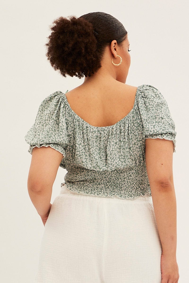 Green Ditsy Crop Top Short Sleeve Sweetheart Neck - Image 5