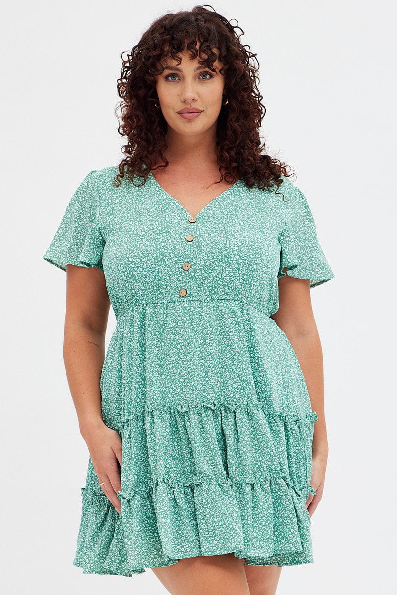 Green Ditsy Fit And Flare Dress Short Sleeve V-neck Tiered - Image 3
