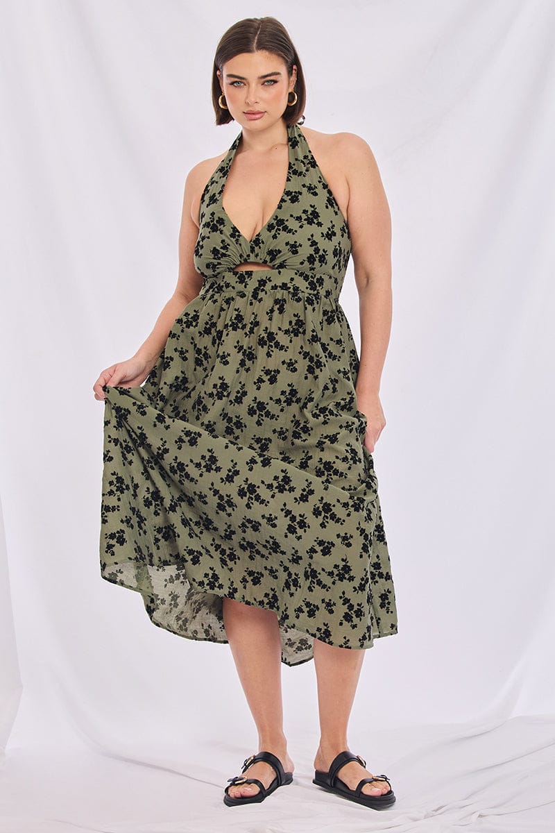 Green Ditsy Midi Dress Halter Neck Sleeveless