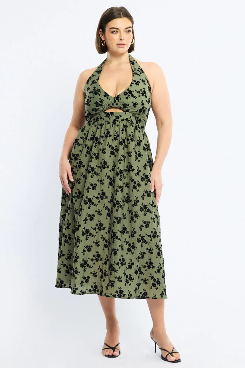 Green Ditsy Midi Dress Halter Neck Sleeveless - Image 2