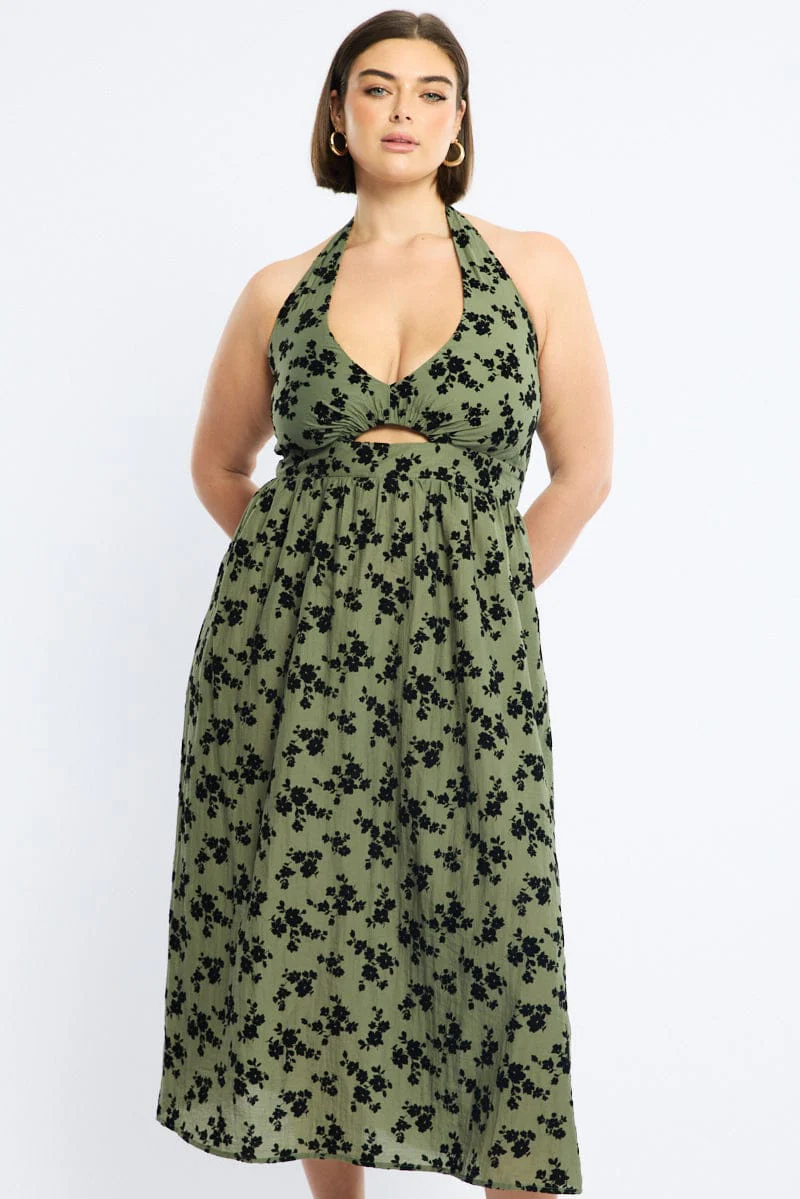 Green Ditsy Midi Dress Halter Neck Sleeveless - Image 3