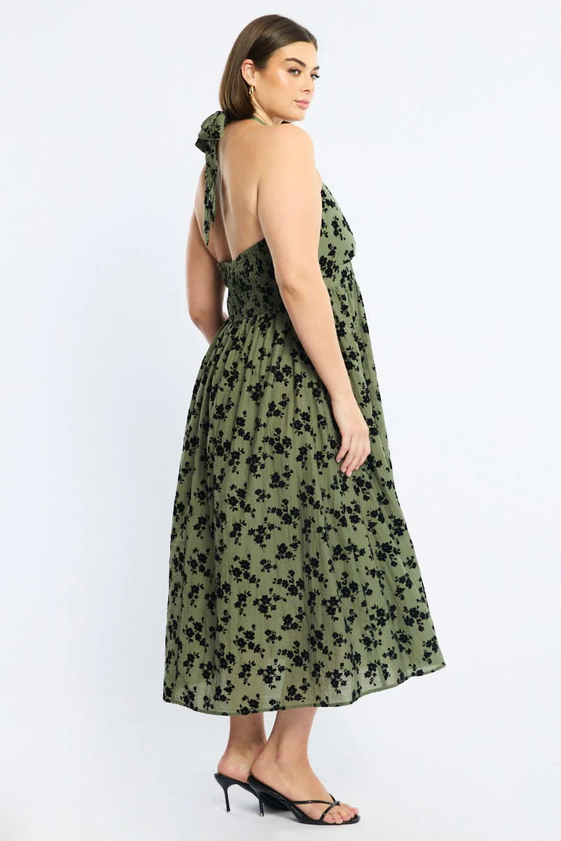 Green Ditsy Midi Dress Halter Neck Sleeveless - Image 4