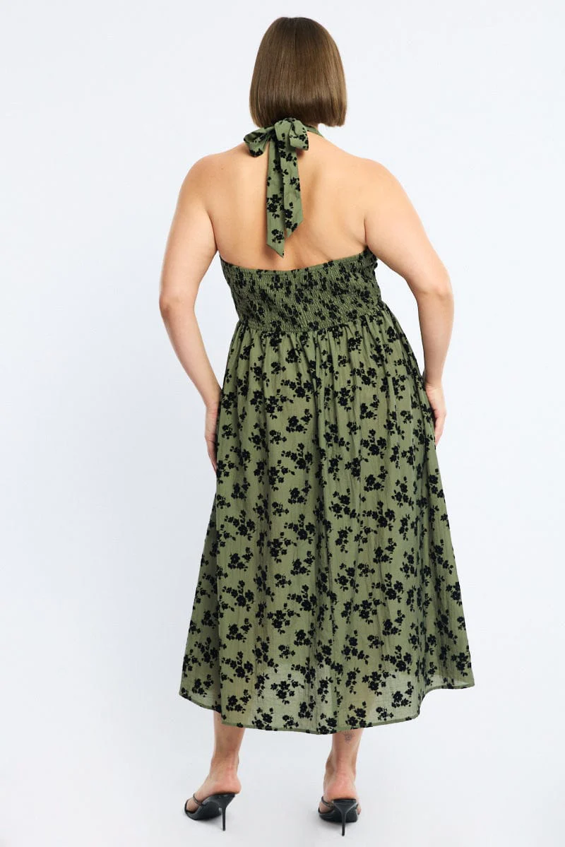 Green Ditsy Midi Dress Halter Neck Sleeveless - Image 5