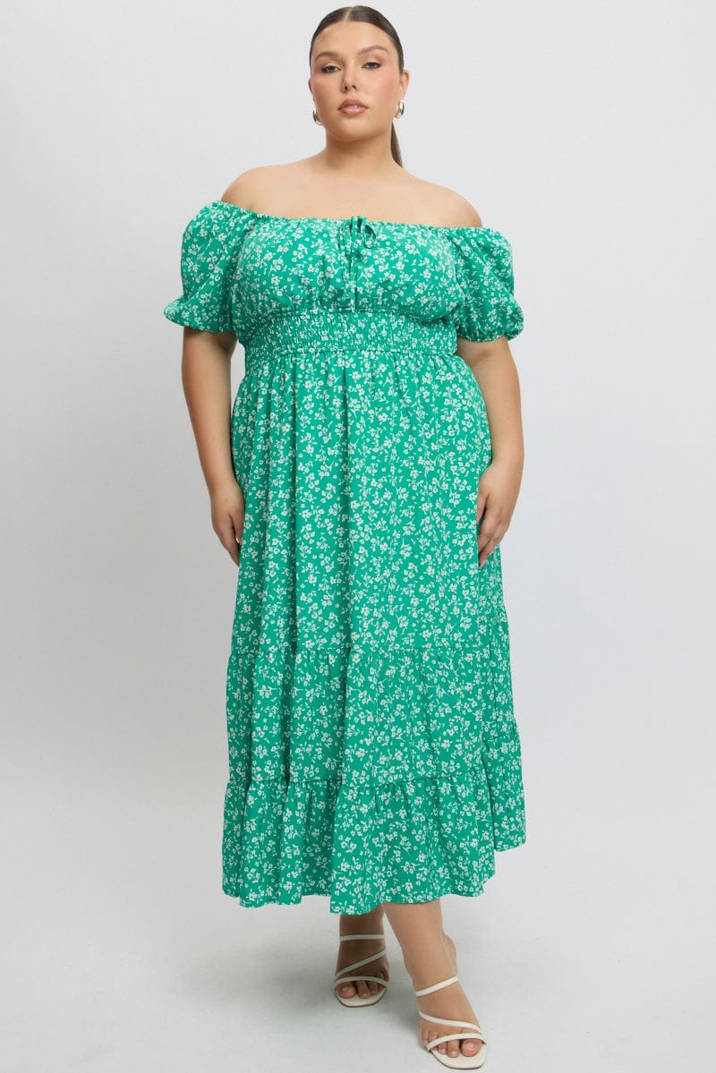 Green Ditsy Midi Dress Short Sleeve Ruched Bust - Image 2