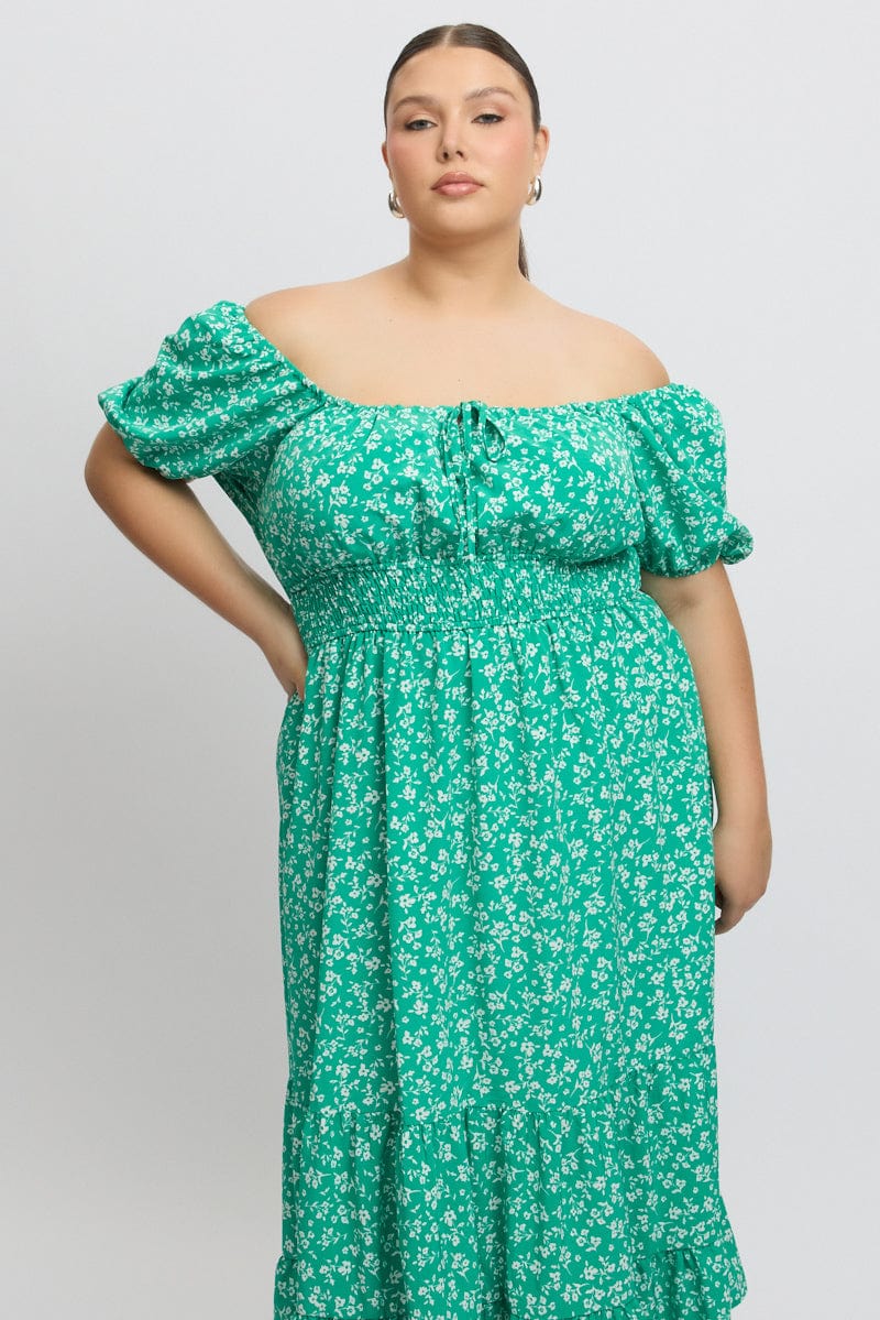 Green Ditsy Midi Dress Short Sleeve Ruched Bust - Image 3
