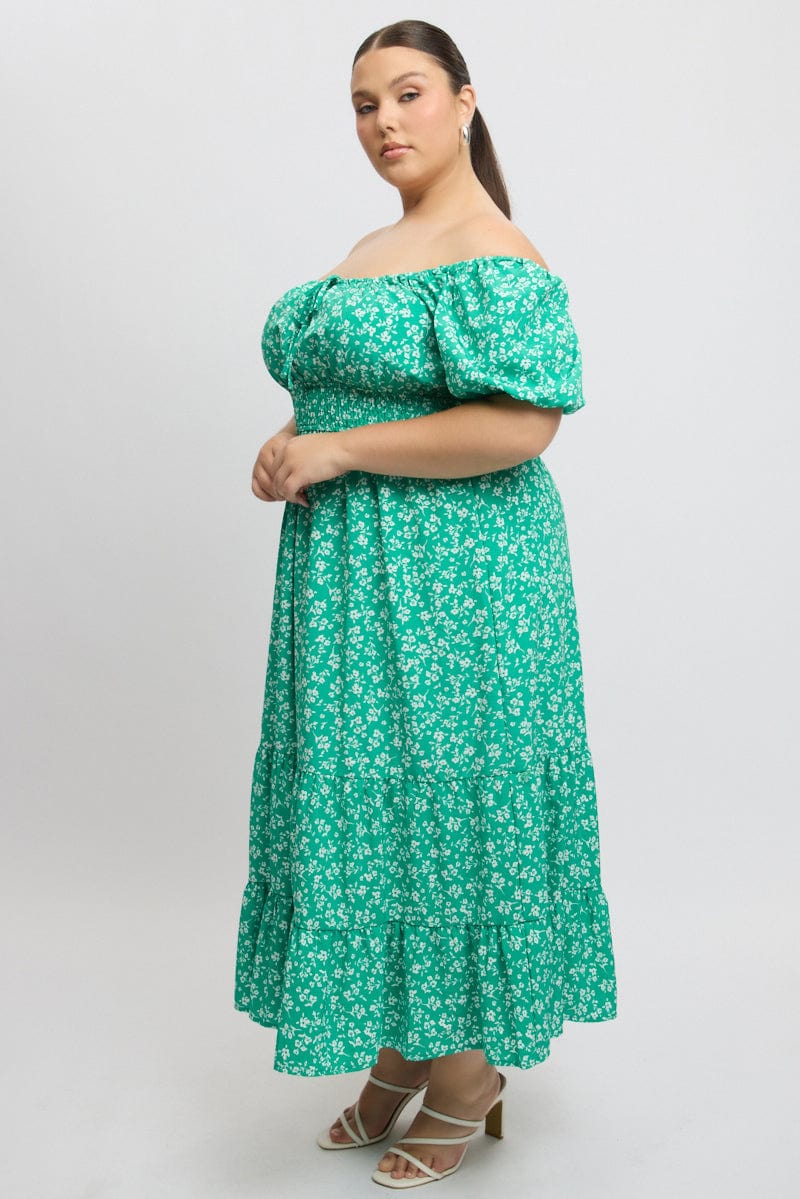 Green Ditsy Midi Dress Short Sleeve Ruched Bust - Image 4