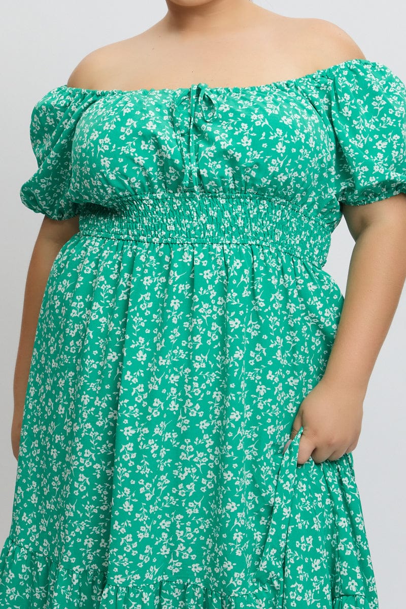 Green Ditsy Midi Dress Short Sleeve Ruched Bust - Image 6