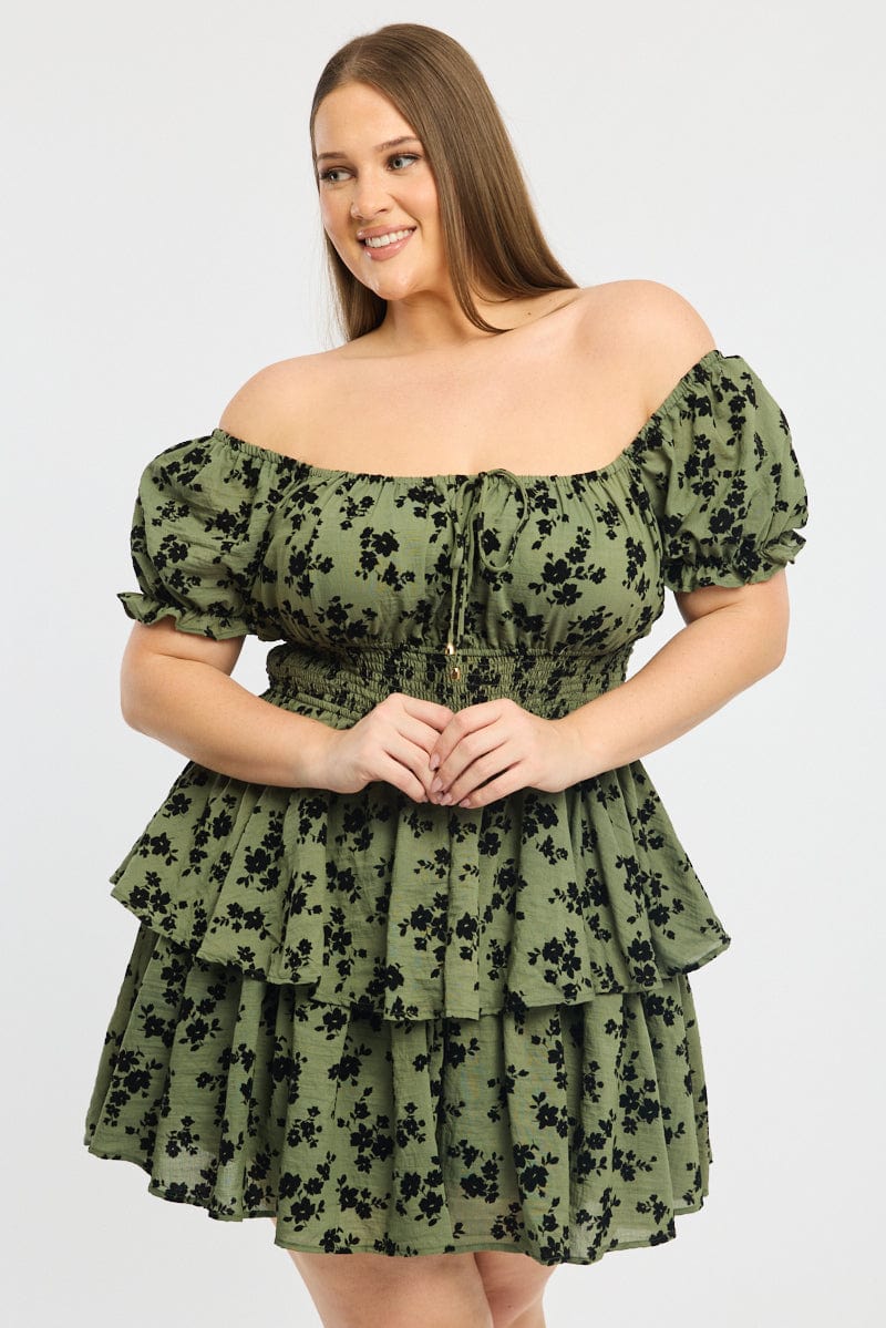 Green Ditsy Puff Sleeve Shirred Waist Minidress
