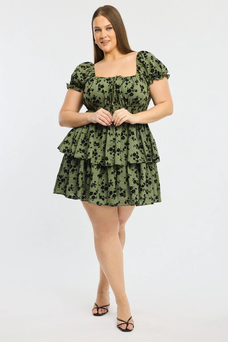 Green Ditsy Puff Sleeve Shirred Waist Minidress - Image 2