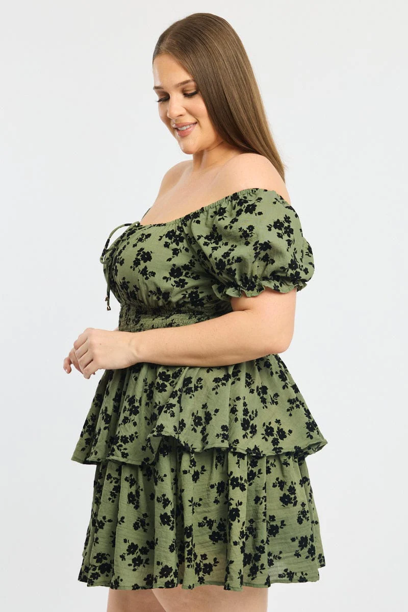 Green Ditsy Puff Sleeve Shirred Waist Minidress - Image 3