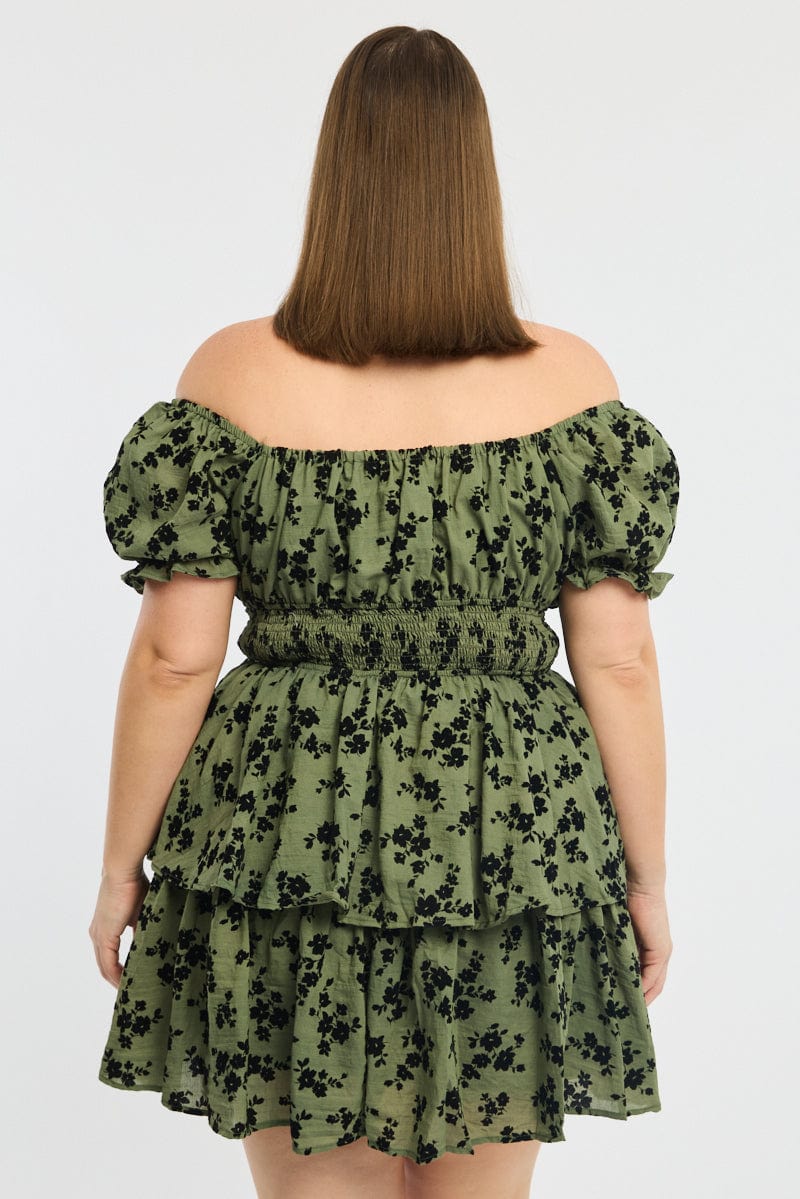 Green Ditsy Puff Sleeve Shirred Waist Minidress - Image 4
