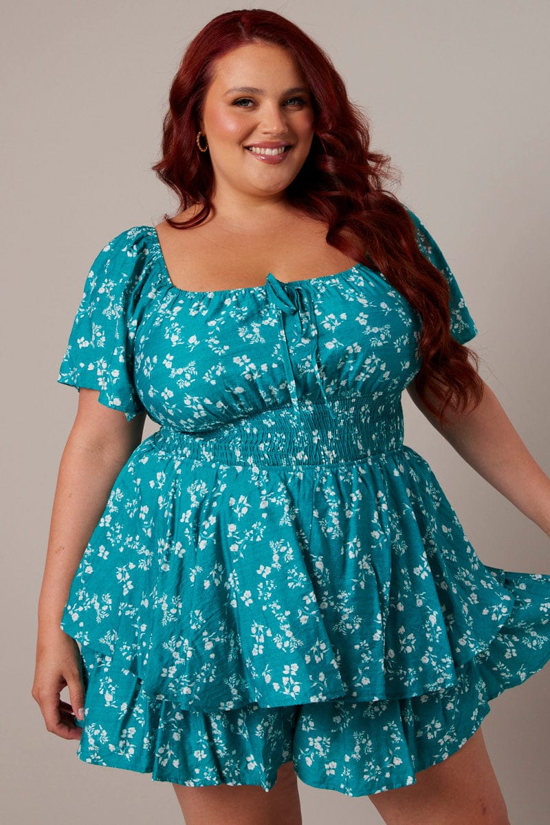 Green Ditsy Ruffle Playsuit Short Sleeve