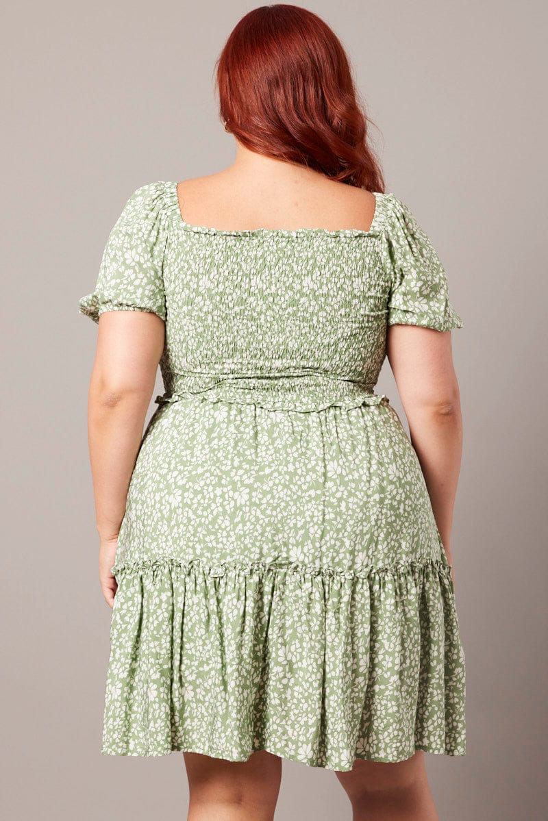 Green Ditsy Shirred Frill Minidress - Image 5