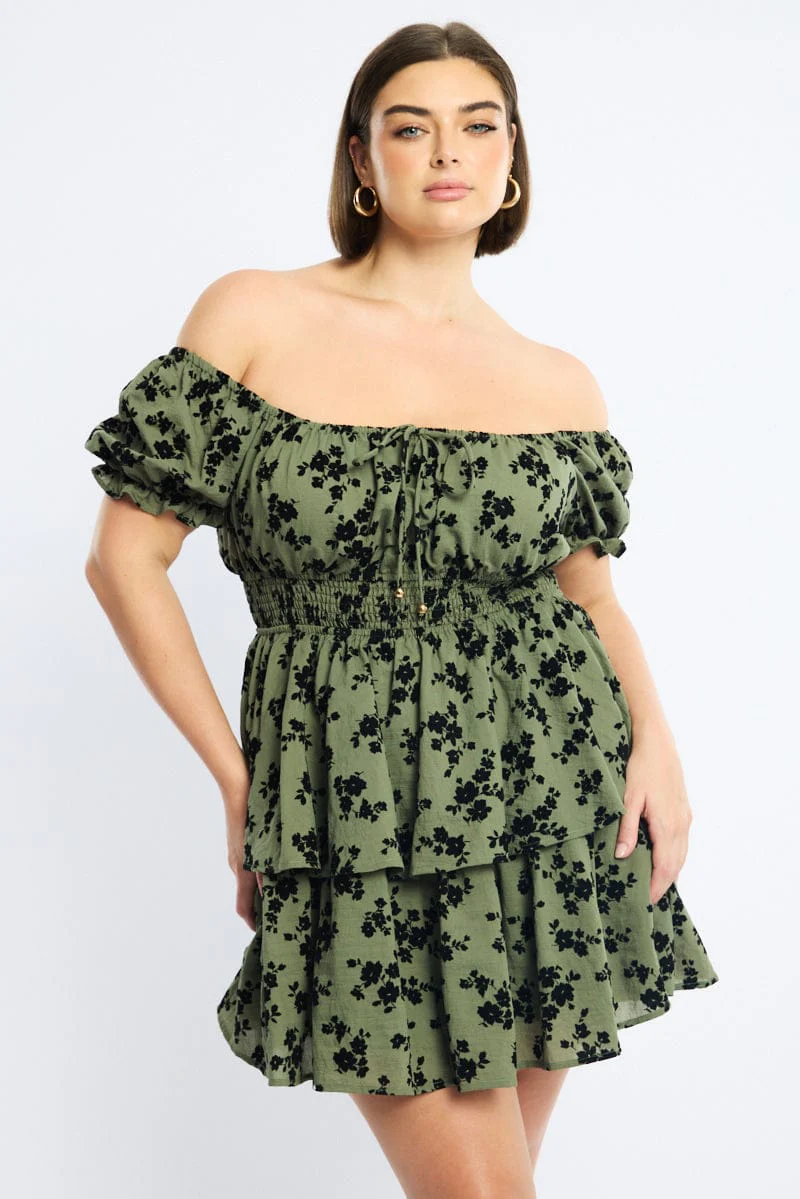 Green Ditsy Skater Dress Short Sleeve Shirred Waist