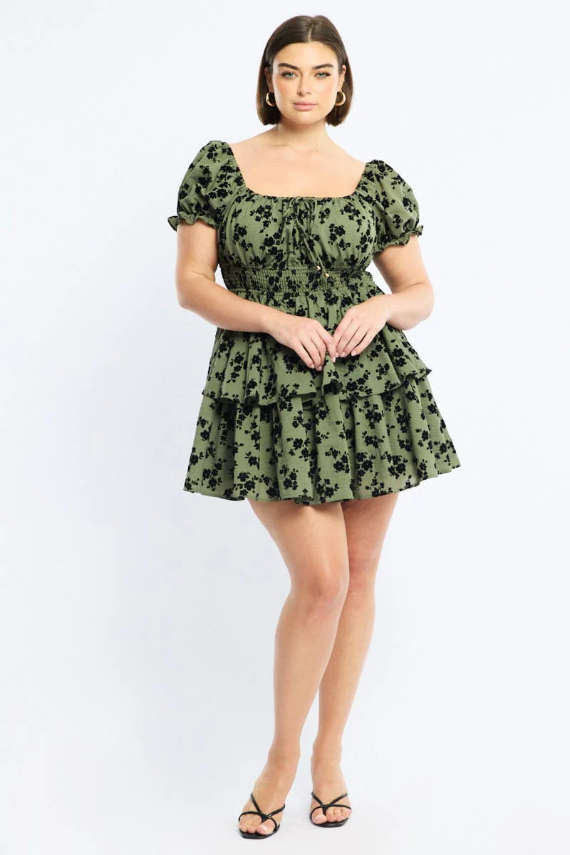 Green Ditsy Skater Dress Short Sleeve Shirred Waist - Image 2