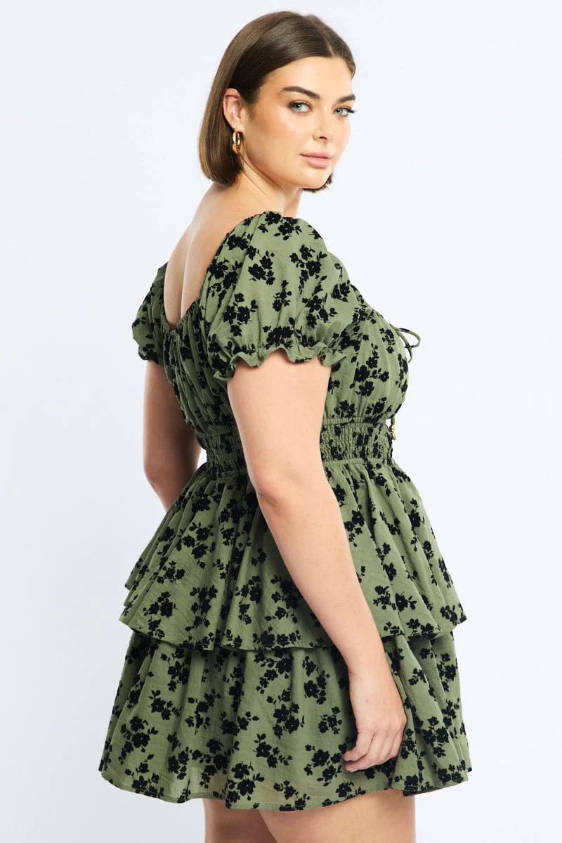 Green Ditsy Skater Dress Short Sleeve Shirred Waist - Image 3